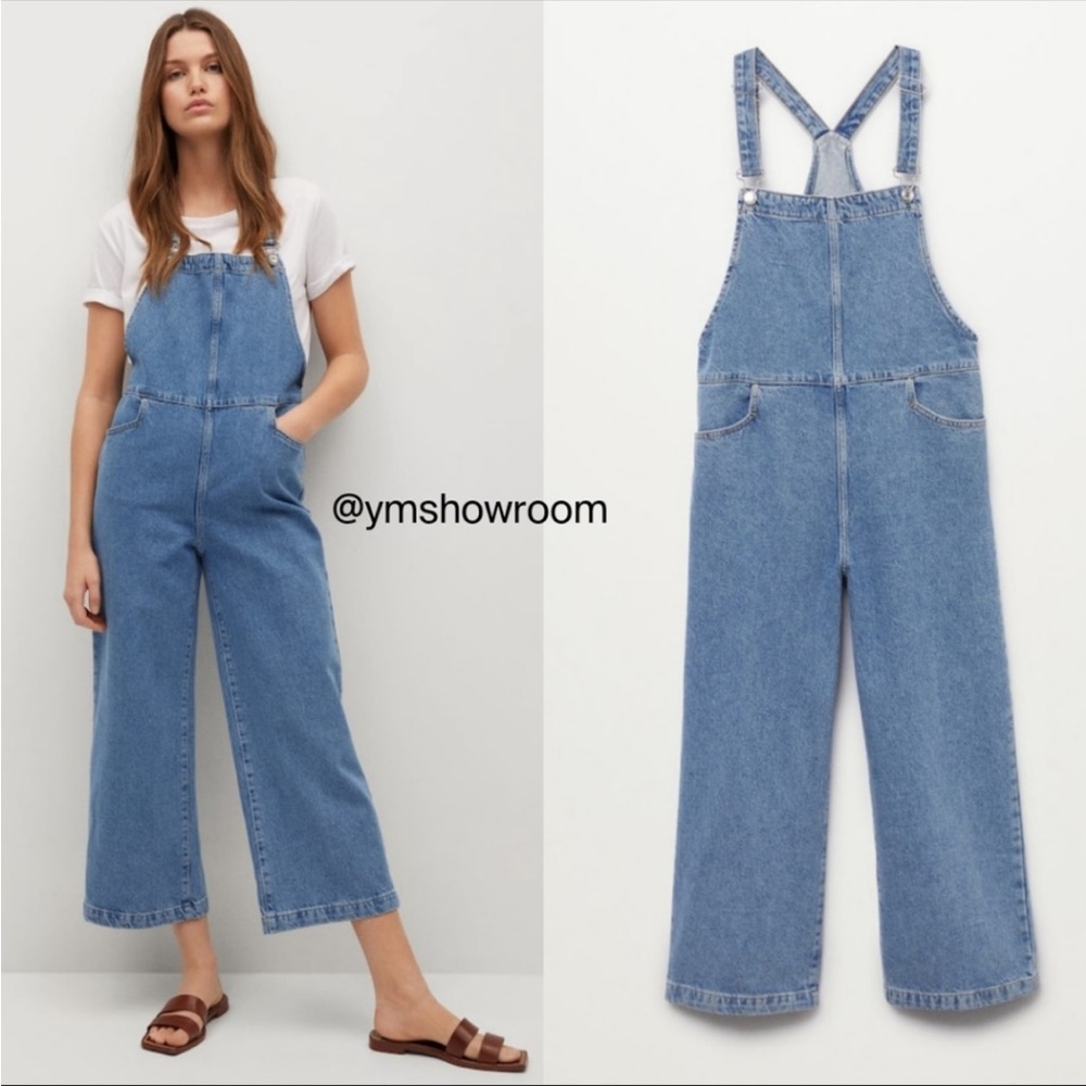 Mango Blue Denim Wide-Leg Overalls